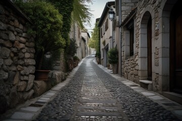 Obraz na płótnie Canvas a cobblestone street in a small town with stone buildings. generative ai