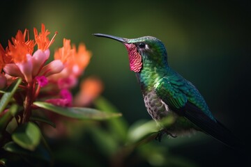 Fototapeta na wymiar a hummingbird perches on a flower with its beak open. generative ai