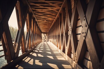 Fototapeta na wymiar a long wooden bridge with a long shadow on the bridge. generative ai