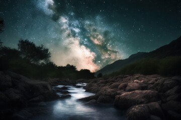 Obraz na płótnie Canvas a river running through a lush green forest under a night sky filled with stars. generative ai
