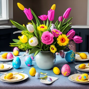 The picture shows a beautifully decorated easter table set 1 Generative AI
