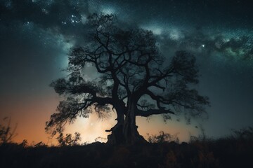Naklejka na ściany i meble a tree with a sky full of stars in the background. generative ai