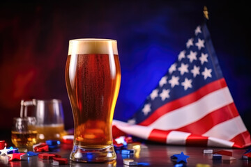 Glass of beer on wooden table. USA flag background celebrate American Independence Day of 4th July