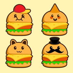 Set of Cute Flat Burger Illustrations with Different Facial Expressions