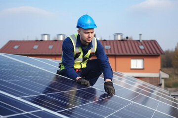 Man worker installing solar photovoltaic panels on roof. Generative AI