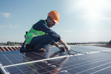 Man worker installing solar photovoltaic panels on roof. Generative AI