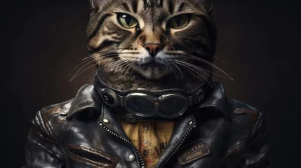 Foto op Plexiglas Cool biker cat in a trendy leather jacket. Portrait of a cat on a dark background. Generative AI © Bulat