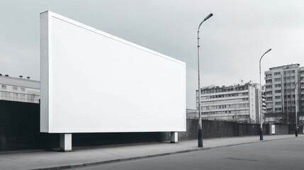 Vertical blank white billboard on city street. In the background buildings and road. Mock up. Poster on street next to roadway. Conceived by AI.