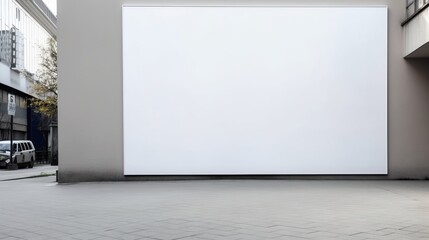 Landscape blank white billboard on city street. In the background buildings and road. Mock up. Poster on street next to roadway. Conceived by AI.