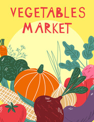 Vegetables food hand drawn banner. Text Vegetables Maeket Healthy meal, diet, nutrition or lifestyle. Organic food restaurant and support farmers market concept. EPS
