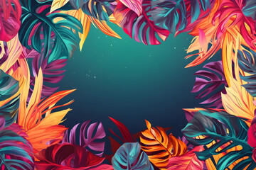 Obraz na płótnie Canvas Bright, colored tropical leaves on a blue background, with an empty space in the center. With Generative AI tehnology