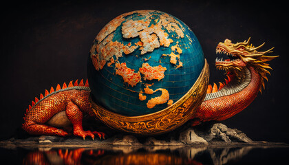 a fierce red dragon crawling around a globus of earth, symbolizing the power and dominance of China in the global arena. Generated AI. - obrazy, fototapety, plakaty