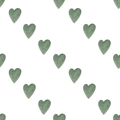 Seamless watercolor pattern of green hearts arranged in a row horizontally