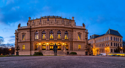 Fototapeta premium Prague city downtown skyline with government buildings at dusk in Czech Republic