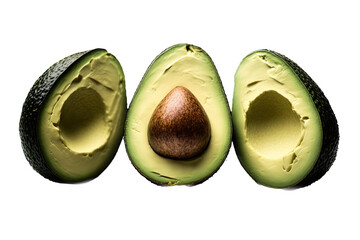 a summer and food-themed photographic illustration featuring three avocadoes sliced in half with seeds set on a transparent background in PNG. Generative AI