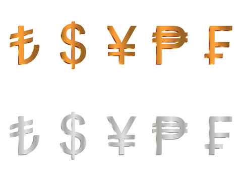 3d gold and silver currency symbol set of various countries