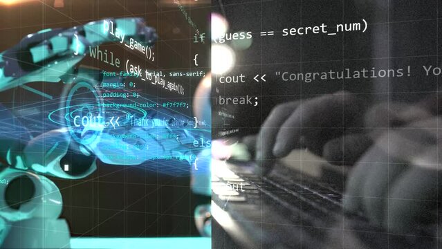 half screen video animation with robot chatbot hands typing on virtual keyboard and human hands typing on classic keyboard old style retro from now