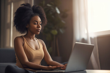 Young black woman sitting on the floor at home doing yoga breathing exercise, in a virtual class on her laptop. Generative AI