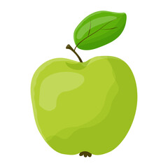Cartoon green apple icon with a leaf. Vector icon for design brochure, sticker, site