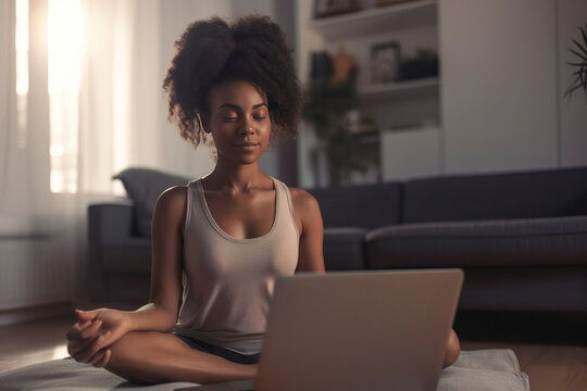 Young black woman sitting on the floor at home doing yoga breathing exercise, in a virtual class on her laptop. Generative AI