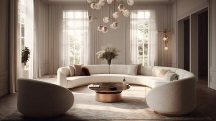 Obraz na płótnie Canvas Design interior living room with sofa and armchair in pastel color, generative ai