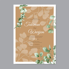Watercolor eucalyptus wedding invitation card in gold frame with gold powder Beautiful white card background. Set card template.