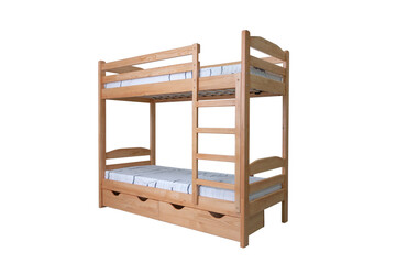 lacquered wooden bunk bed with mattresses, cut out