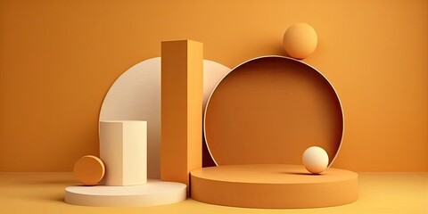 Empty podium, mock up placement display, blank beauty stand for cosmetic product fashion ads on minimal orange background. Luxury pedestal stage mockup scene platform ai generative concept.