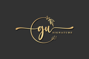 luxury gold signature initial gu logo design isolated leaf and flower