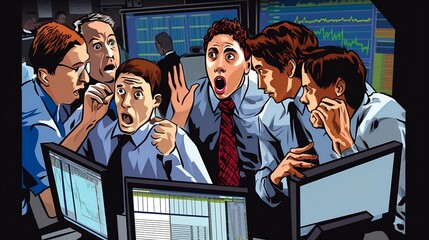 Caroonish illustration of stock traders during trading