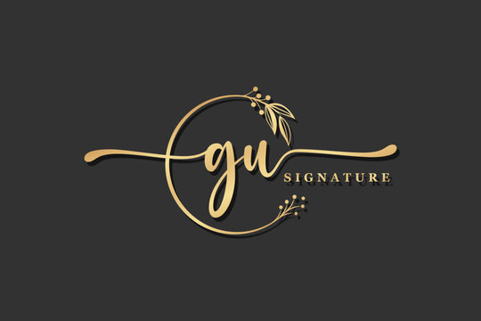luxury gold signature initial gu logo design isolated leaf and flower