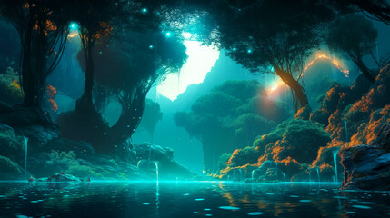 Obraz premium a magical landscape with waterfalls, flowers and trees