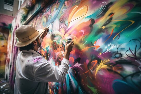  a man is painting a wall with colorful paint and a straw hat on his head and holding a paintbrush in one hand and a paintbrush in the other hand.  generative ai