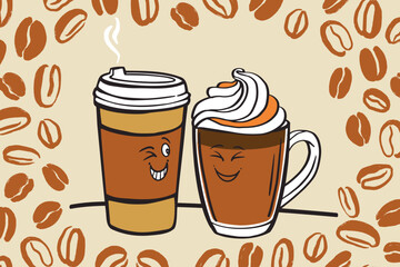 Funny Coffee poster. Coffee cup and mug flirt. Line vector illustration for poster, coffee shop design. 