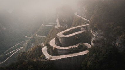 Tianmen Shan Big Gate Road with 99 bends (also called the Tianmen Winding Mountain Road),...