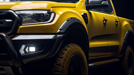Fototapeta premium Closeup on front of generic and unbranded cars yellow 4x4 truck, generative ai illustration