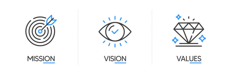 Mission, vision and values of business company. Target with arrow, business view and diamond icons. Success template. Mission purpose, leader vision and brilliant value. Infographic concept. Vector - obrazy, fototapety, plakaty