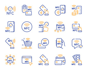 Nfc line icons. Near-field communication, contactless card, smartphone payment set. Mobile phone pay, nfc technology and Pos terminal icons. Contactless pay, nfc card, smartphone communication. Vector