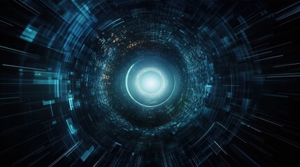 Digital cyberspace tunnel abstract background with copy space. Blue color. Cyber data vortex illustration. AI generative image. - obrazy, fototapety, plakaty