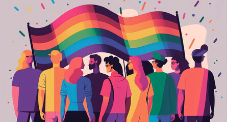 Colorful and joyful gathering of people in the LGBT pride march showcases the strength and diversity of the community's fight for acceptance and human rights. Flat vector illustration. Generative AI.