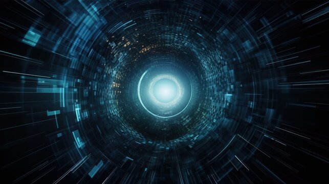 Digital cyberspace tunnel abstract background with copy space. Blue color. Cyber data vortex illustration. AI generative image.