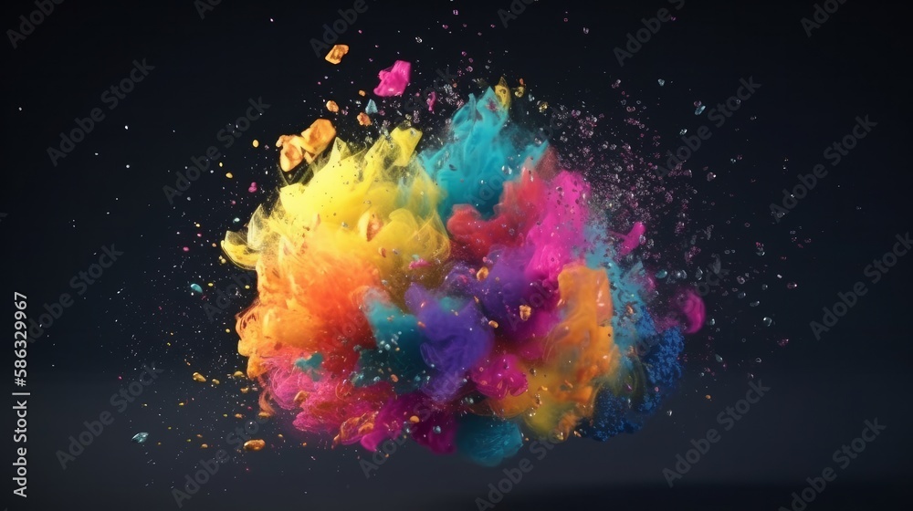 Poster Abstract digital design with vivid liquid colors and splashes on a darker background. Generative ai
