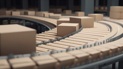 Row of brown boxes on conveyor belt against boxes in warehouse production. Generative AI