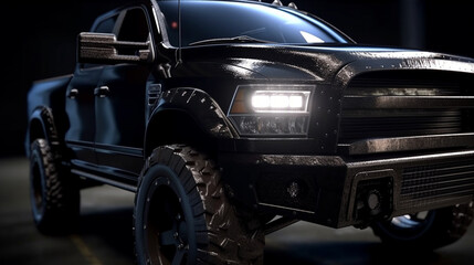 Obraz na płótnie Canvas Closeup on front of generic and unbranded cars black 4x4 truck, generative ai illustration