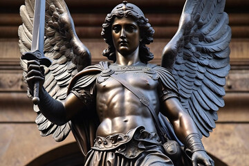Obraz premium St. Michael the Archangel Illustration. Archangle Saint Michael. Generative Ai. Protection and Defense Symbol. Statue made of dark metal.