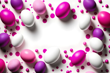 Easter eggs of magenta color around a frame with a place for text. White background. Happy easter. With Generative AI tehnology