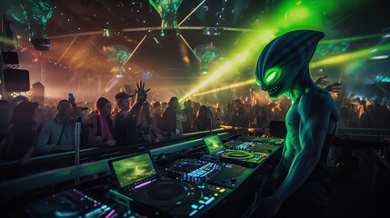 Fototapeta na wymiar Extraordinary space alien dj in nightclub. Futuristic music disco party. Neon light. Invitation poster template. AI generative image.
