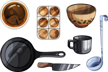 A set of items for cooking. Frying pan, plates, ladle and mug