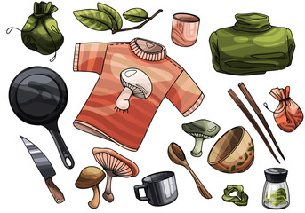 A set of cozy items for a hike. Sweaters, dishes, spices, natural attributes and mushrooms