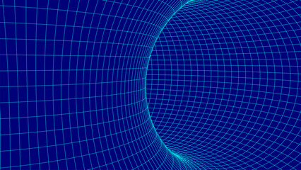 Naklejka premium Futuristic blue abstract teleport texture of wormhole portal. 3D frame hole grid or donut background. For website and banner design. Vector illustration.